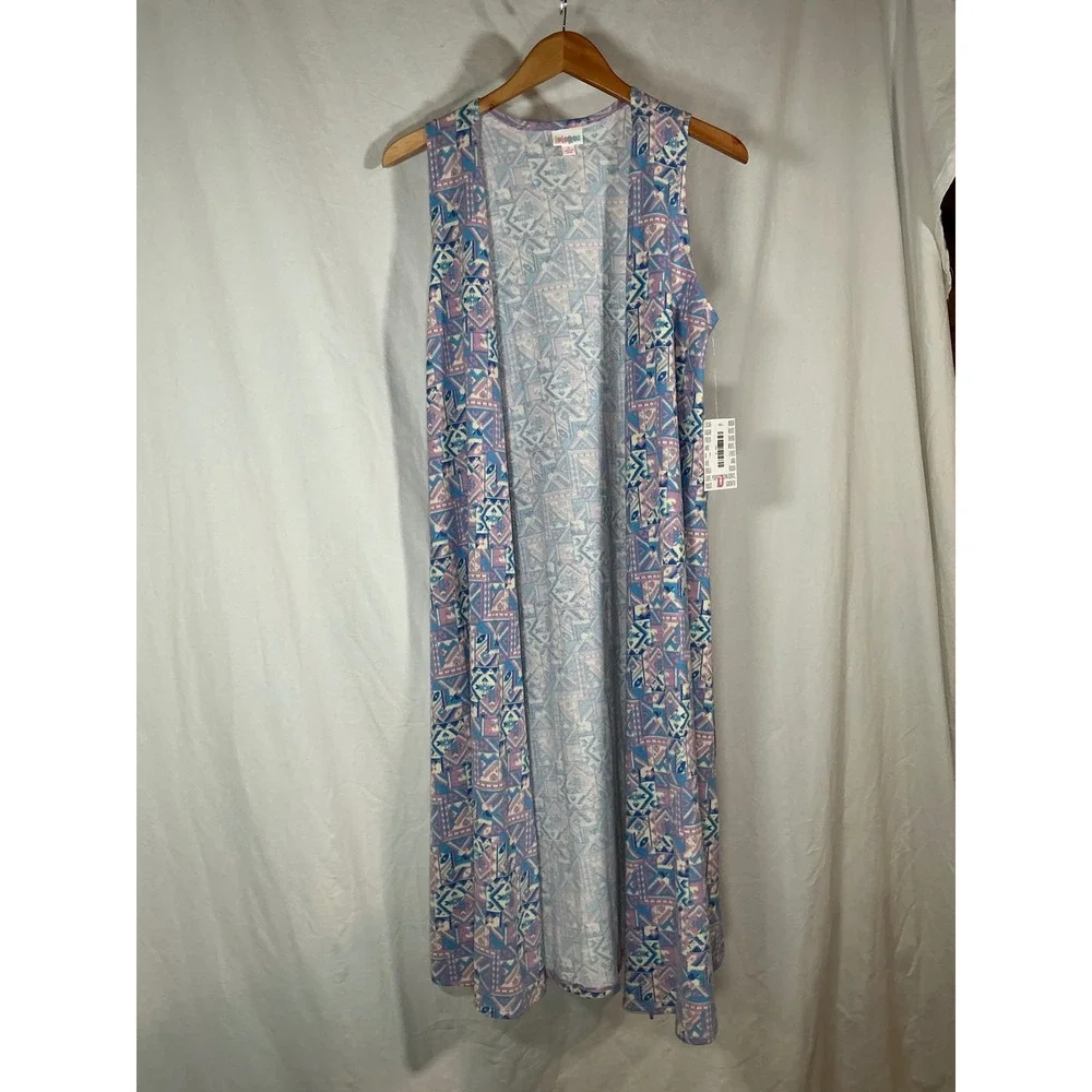 LuLaRoe Joy Longline Vest Duster Geometric Print Blue Purple Pink Small NWT